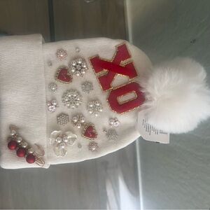 Embellished White Beanie with Red Accents